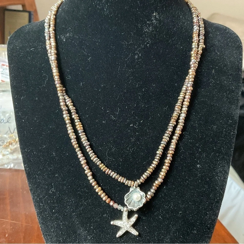 Sterling Silver Brown Keishi Pearl CZ Starfish Seashell Double Strand Necklace